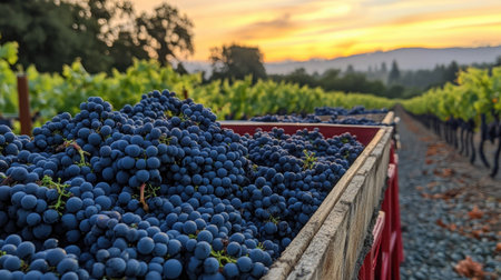 A stunning view of freshly harvested grapes in a wooden crate, set against a breathtaking sunset in a vineyard. Experience the tranquility of nature.の素材