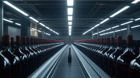 Wine bottles sit meticulously arranged on a conveyor belt in a sleek production line, showcasing modern warehouse efficiency and organization in beverage manufacturing.の素材