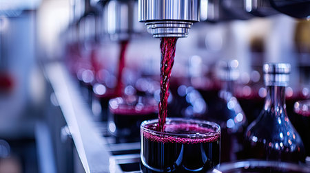 Captivating image of the wine bottling process, showcasing rich red liquid being poured into glass containers in a modern factory setting, embodying quality and craftsmanship.の素材