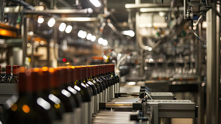 A detailed view of bottles moving on a conveyor belt in a modern winery production line, showcasing the intricate machinery and efficient processes involved in wine manufacturing.の素材