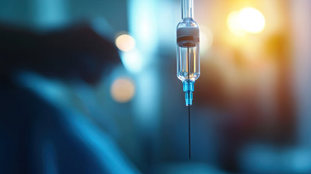Close-up view of a syringe filled with liquid, suspended in a medical setting. This imagery captures the essential tools used in healthcare and emphasizes the importance of safe medical practices.の素材