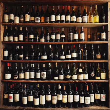A well-arranged display of various wine bottles on wooden shelves, showcasing different labels and colors. Ideal for culinary, restaurant, or bar themes.の素材
