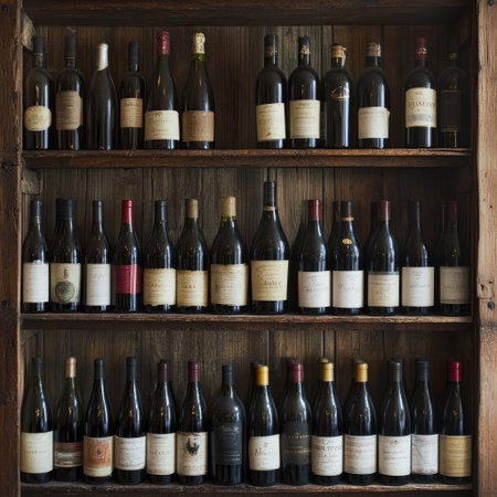 A stunning collection of vintage wine bottles displayed elegantly on a rustic wooden shelf, perfect for showcasing sophistication and tradition in wine culture.の素材