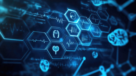 Discover a captivating digital artwork featuring health-related icons and data visualizations. Perfect for representing innovation in medical technology and research.の素材