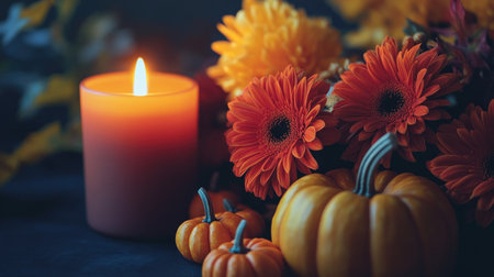 A stunning autumn display featuring orange flowers, glowing candle, and decorative pumpkins, creating a cozy and festive atmosphere perfect for seasonal celebrations.の素材