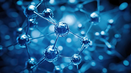 This image showcases a detailed close-up of an abstract molecular structure illuminated by blue light, highlighting the beauty and complexity of atomic connections in science.の素材