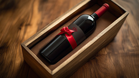 A stylish red wine bottle elegantly placed in a rustic wooden box, adorned with a vibrant red ribbon, perfect for gift giving or special occasions.の素材
