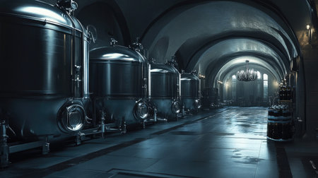 Explore the captivating interior of an industrial brewery, showcasing gleaming metal tanks and a dramatic atmosphere that highlights craftsmanship and design.の素材