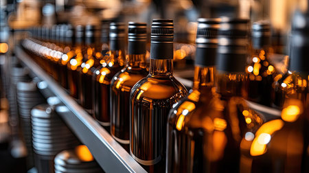 A close-up view of neatly arranged amber bottles on a production line in a factory. This image captures the essence of beverage manufacturing and industrial craftsmanship.の素材