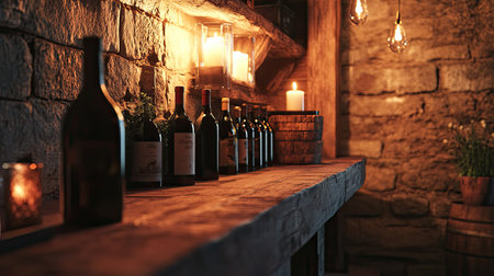 Experience a warm and inviting rustic interior featuring wine bottles lined on a wooden shelf, with soft candlelight enhancing the cozy ambiance. Perfect for gatherings.の素材