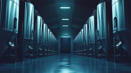 A modern industrial storage area featuring sleek metallic tanks lined up in a dimly lit setting, showcasing advanced technology and an organized layout.の素材