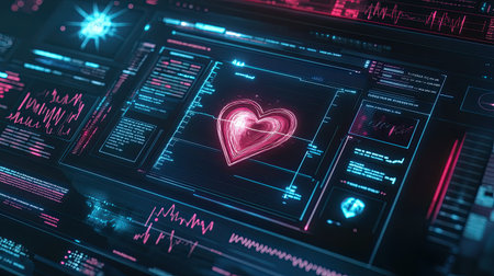This image features a futuristic heart monitor display showcasing vibrant neon graphics and real-time data analysis, perfect for technology and health themes.の素材