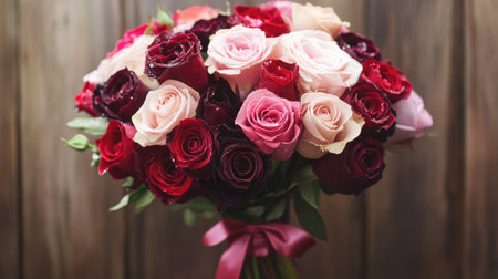 A stunning bouquet featuring vibrant red and soft pink roses, tied with a delicate ribbon, set against a rustic wooden backdrop, perfect for celebrations.の素材