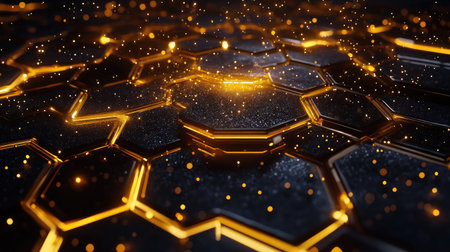 This stunning abstract image features a golden hexagonal pattern, adorned with sparkling dust particles, creating a mesmerizing and futuristic visual effect. Perfect for technology and design themes.の素材