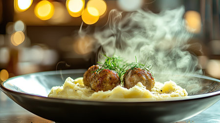 A close-up view of delicious meatballs served atop creamy mashed potatoes, emitting steam. This inviting dish captures the essence of gourmet comfort food. Perfect for food lovers.の素材