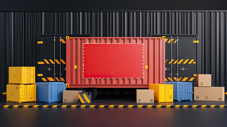 A vibrant assembly of shipping containers and boxes in an industrial setting, showcasing an organized area for delivery and logistics operations, perfect for commercial use.の素材