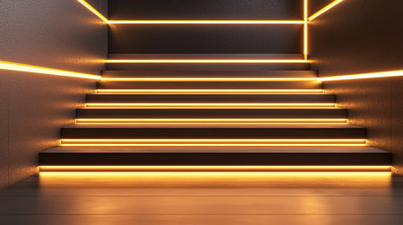 Stunning modern stairs illuminated by warm LED lights create an inviting atmosphere. This sleek design combines elegance with minimalistic aesthetics for any space.の素材