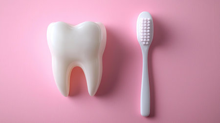 A cute tooth model alongside a toothbrush on a soft pink background. Ideal for promoting dental hygiene and oral care for kids and families.の素材