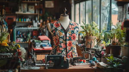 A charming sewing studio featuring a floral dress form, vibrant fabrics, and an array of crafting tools. The space is full of inspiration and creativity.の素材