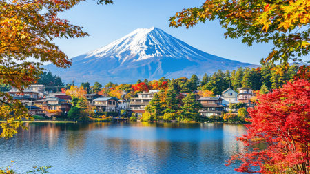 A stunning autumn landscape featuring Mount Fuji with vibrant foliage and a serene lake. Ideal for travel and nature enthusiasts seeking tranquility.の素材