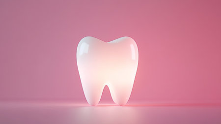 A shiny, glossy tooth icon set against a soft pink background, symbolizing dental care and oral health. Ideal for healthcare and hygiene themes.の素材