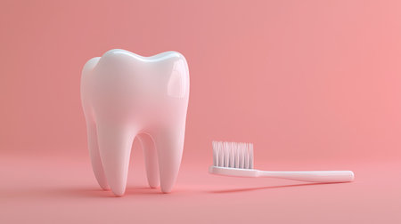 This image features a glossy, white tooth alongside a toothbrush on a soft pink background, symbolizing dental care and hygiene. Perfect for health-related projects.の素材