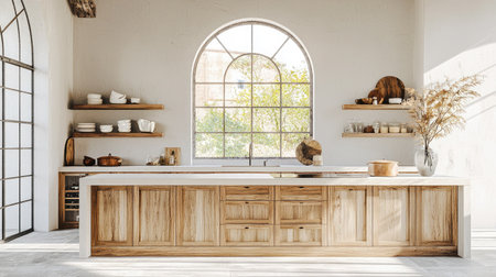 A bright and inviting modern kitchen featuring wooden cabinets and shelves. This spacious interior is designed for comfort and functionality, perfect for cooking and entertaining.の素材