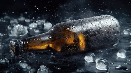 A stunning image of a cold beer bottle resting on a dark surface, surrounded by ice and condensation droplets, perfect for beverage-themed projects.の素材