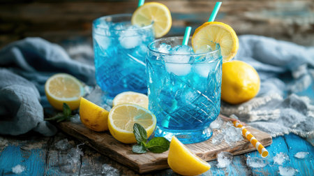 A vibrant blue drink served with ice and fresh lemon slices, perfect for summer gatherings. Captured on a rustic wooden table for a refreshing feel.の素材