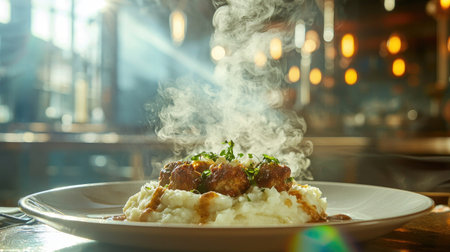 This image showcases a steaming dish of meatballs served on creamy mashed potatoes, garnished with fresh herbs, exuding warmth and comfort.の素材