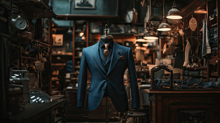 A beautifully tailored suit displayed on a mannequin in a vintage tailoring shop, capturing the essence of timeless elegance and artisanal craftsmanship in clothing design.の素材