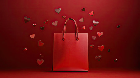 A minimalist image featuring a vibrant red shopping bag surrounded by floating hearts against a rich red backdrop. Perfect for themes of love and celebration.の素材
