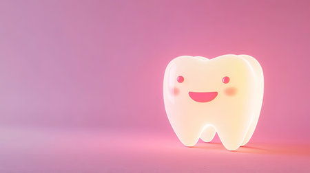 This adorable tooth character emits a soft glow against a pink background, radiating joy and friendship. Ideal for dental health themes, children's decor, and playful designs.の素材