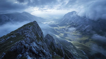 Stunning mountain view captured at dusk, showcasing dramatic fog and clouds. The rocky cliffs and lush valley create a serene and captivating landscape.の素材
