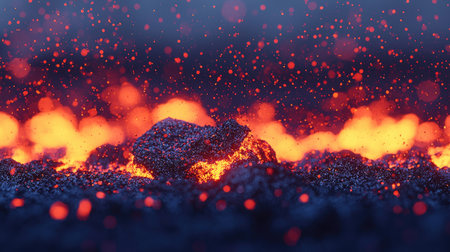 Vibrant molten lava flow showcases glowing orange and red hues, surrounded by brilliant sparks. This captivating image captures the raw power and beauty of volcanic activity.の素材