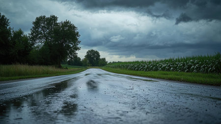 A serene country road stretches under a dark and stormy sky, showcasing rain-soaked pavement and lush corn fields. An atmospheric landscape perfect for nature lovers.の素材