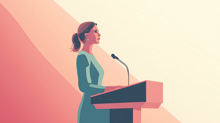 A stylish illustration of a woman at a podium, delivering a speech. The minimalist design captures the essence of empowerment and professional communication.の素材