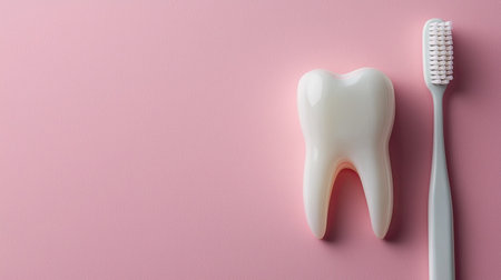 Close-up view of a tooth model alongside a toothbrush on a pink background, illustrating dental hygiene concepts, effective brushing techniques, and oral health care.の素材
