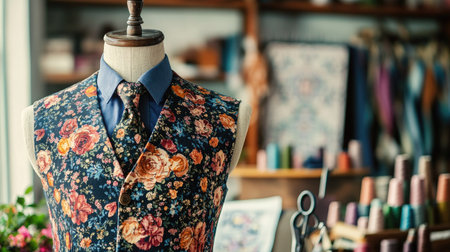 A beautifully tailored floral vest displayed on a mannequin, surrounded by vibrant textiles and sewing tools in a vintage workshop. Perfect for fashion inspiration.の素材