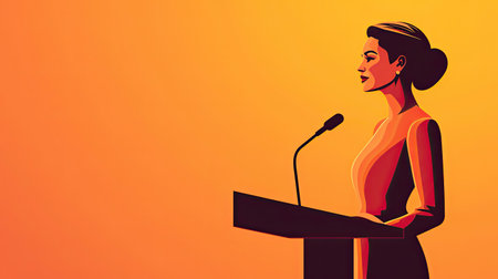 A poised woman stands at a podium, delivering a speech against a warm orange backdrop, symbolizing empowerment and inspiration in public speaking.の素材