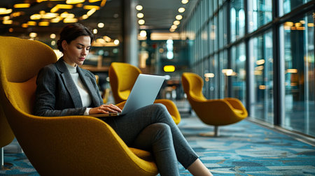 A young woman engages with her laptop in a chic lounge area, showcasing a blend of modern design and productivity. The warm environment encourages focus.の素材