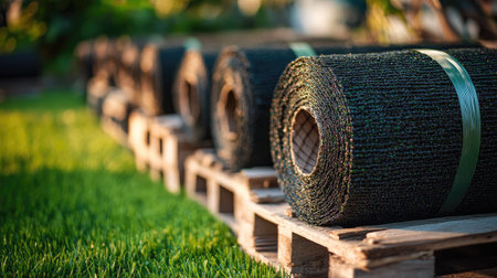 A close-up view of rolled landscape turf neatly arranged on wooden pallets, showcasing vibrant green texture ideal for gardening or landscaping projects outdoors.の素材
