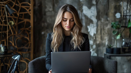 A stylish woman is focused on her laptop in a modern rustic office. The scene captures a blend of professionalism and creativity, highlighting productivity in a serene environment.の素材