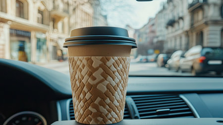 A close-up view of a coffee cup resting in a car's interior, with an urban street and buildings in the background, capturing the essence of daily commuting.の素材