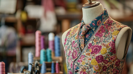 A detailed view of an elegant floral vest displayed on a mannequin in a vibrant tailoring studio. The colorful fabric showcases artistry and creativity that inspires fashion design enthusiasts.の素材