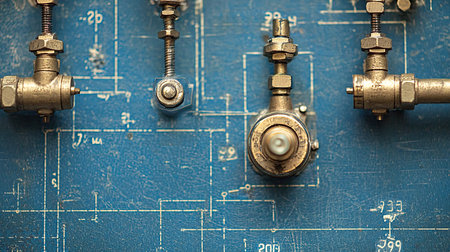 Close-up view of mechanical components arranged on a blueprint background, showcasing details of engineering and design, ideal for industrial projects and presentations.の素材