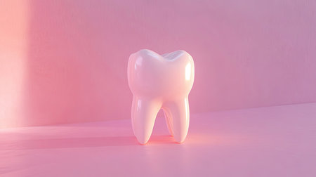 This image features a sleek and glossy white tooth model set against a soft pink background. Ideal for dental health concepts, it emphasizes hygiene and care.の素材