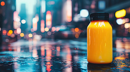 A bright orange juice bottle stands out against a wet urban street at night, showcasing vibrant reflections and glimmers of city lights in a captivating scene.の素材