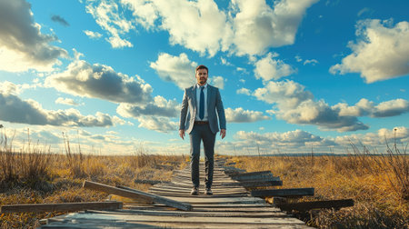 A confident businessman walks on a rustic wooden pathway under a beautiful blue sky filled with fluffy clouds, symbolizing a journey toward success and inspiration.の素材