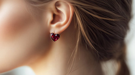A close-up profile view of a woman showcasing heart-shaped red earrings, perfectly complementing her hairstyle. The image highlights elegance and personal style.の素材
